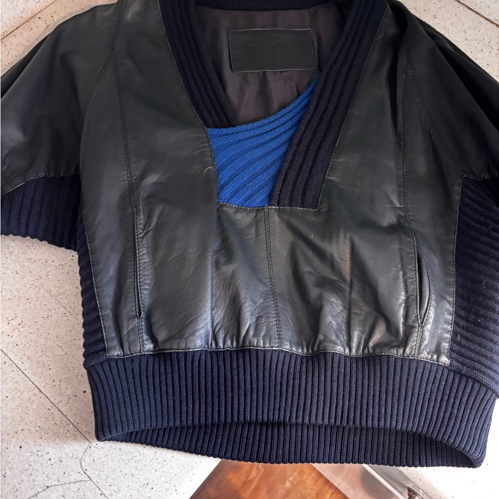 Men's Black Leather & Navy Knit Bomber Jacket